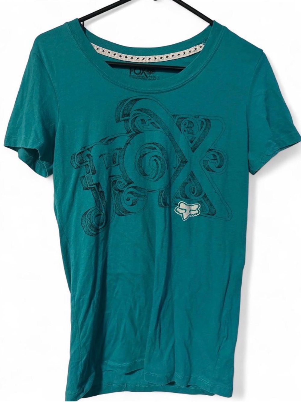 y2k Fox Teal, White, and Black Logo Tee